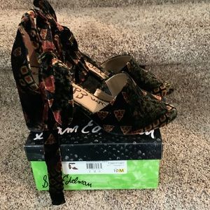 Sam Edelman velvet multicolor ankle tie, open toe pumps